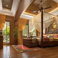 Hotel Room Interior With Wooden Ceiling Canopy Bed Ceiling Fan And Colorful Rug