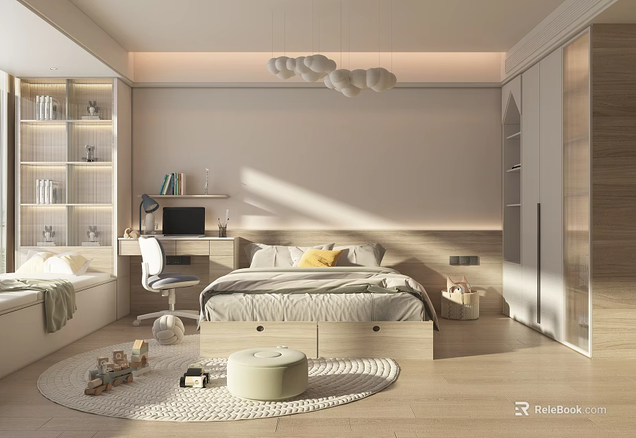 Modern Kids Bedroom With Bed Desk Chair Toys Pendant Light Rug And Storage Cabinets 3d model 