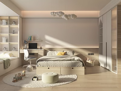 Modern Kids Bedroom With Bed Desk Chair Toys Pendant Light Rug And Storage Cabinets 3d model