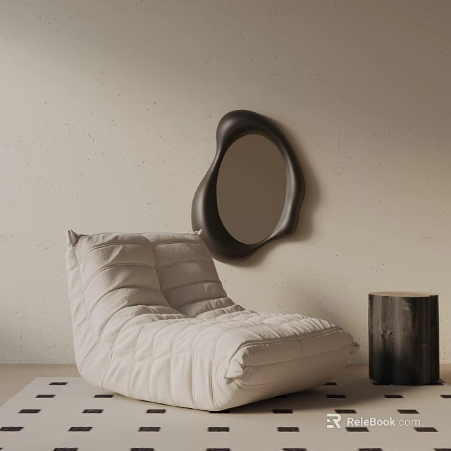 Beige Pleated Lounge Chair Interior With Black Irregular Mirror And Wooden Stump Side Table 3d model 