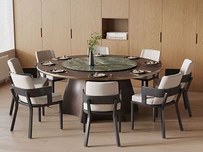 Elegant Dining Room Interior Featuring Round Green Table Wooden Cabinets Chairs Vase And Tableware 3d model