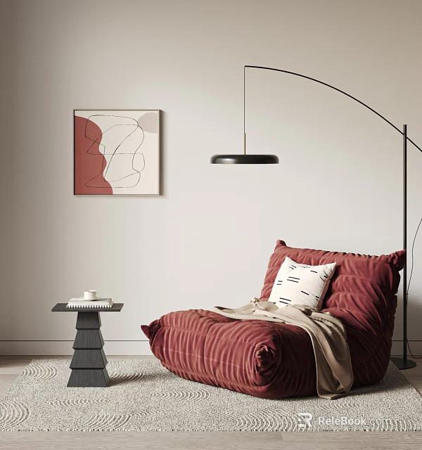 Red Bean Bag Chair With Cozy Blanket Side Table And Floor Lamp In Modern Interior 3d model 