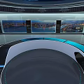 Modern Circular Exhibition Hall with Blue Ceiling Glass Walls and Display Platform