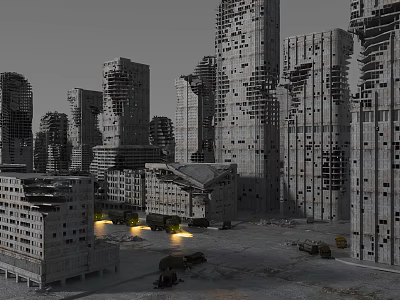 Abandoned City with Dilapidated Tall Buildings and Ruined Structures in Desolate Urban Landscape 3d model