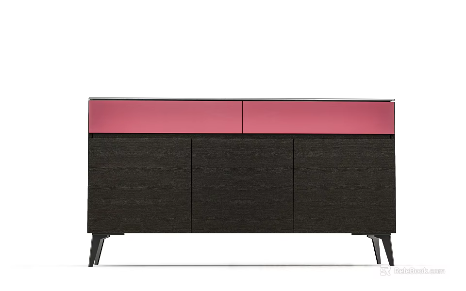 Modern Console Cabinet and Sideboard With Pink Top Panel Dark Doors And Black Legs 3d model 