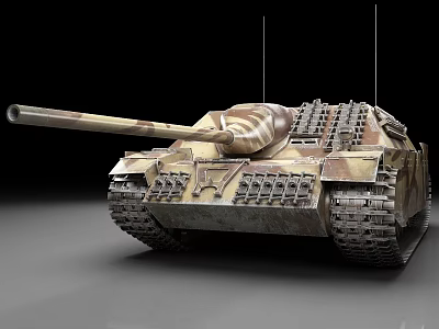 Camouflage Military Tank With Long Cannon Barrel Tracks And Antennas 3d model