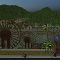 Charming Riverside Landscape With Wooden Water Wheels Lush Green Hills Traditional Buildings And Cycling Visitors