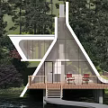Modern Detached Villa On Water With Forest Surroundings And Red Terrace Chairs
