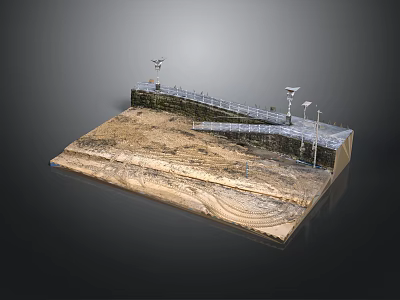 Dam Model Structure With Retaining Wall Railings Lighting Posts And Terrain 3d model
