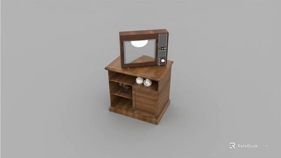 Vintage Television on Wooden TV Stand with Open Shelves and White Spherical Decor 3d model 