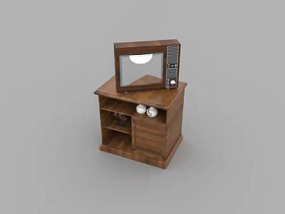 Vintage Television on Wooden TV Stand with Open Shelves and White Spherical Decor 3d model