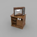 Vintage Television on Wooden TV Stand with Open Shelves and White Spherical Decor