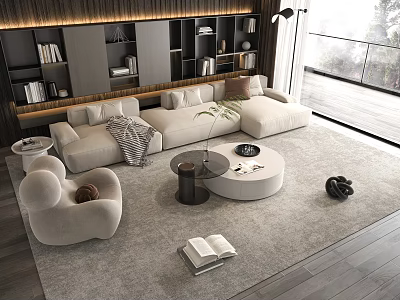 Modern Living Room Sofa Coffee Table Set With Accent Chair Bookshelf And Rug 3d model