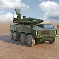 Green 8 Wheeled Military Tactical Vehicle With Weapon System And Radar In Desert Terrain