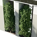 Gray White Modern Building Exterior With Vertical Stripes Green Trees And Black Door