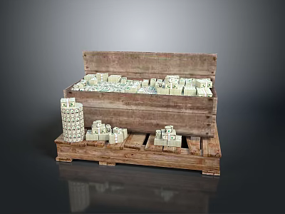 Daily Living Supplies Packed in Wooden Box on Pallet with Stacked White Cubes 3d model