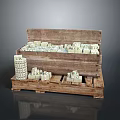 Daily Living Supplies Packed in Wooden Box on Pallet with Stacked White Cubes