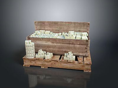 Daily Living Supplies Packed in Wooden Box on Pallet with Stacked White Cubes 3d model
