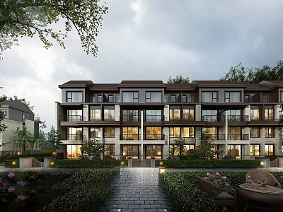 Modern Townhouse Exterior With Multi Story Design Large Windows Landscaped Lawns Stone Pathway And Lighting 3d model