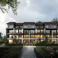 Modern Townhouse Exterior With Multi Story Design Large Windows Landscaped Lawns Stone Pathway And Lighting