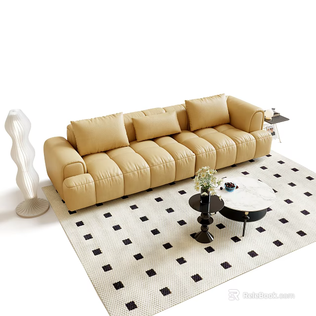 Modern Beige Sofa and Coffee Table Set With Checkered Rug and Flower Vase Decor 3d model 