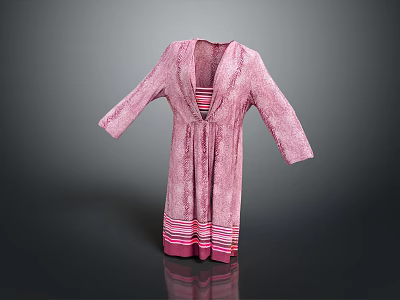 Pink Long Sleeved V Neck Dress With Striped Hem And Pleated Design 3d model