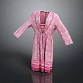 Pink Long Sleeved V Neck Dress With Striped Hem And Pleated Design