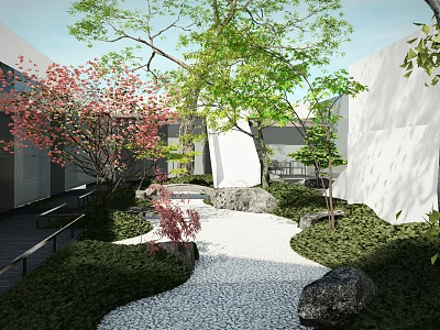 Courtyard Garden With Cherry Blossom Tree White Gravel Path Rocks And Lush Greenery 3d model