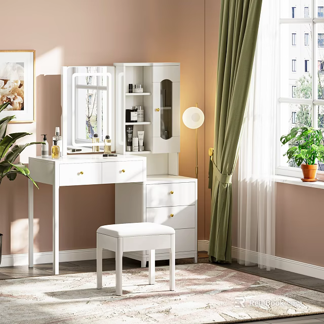 Modern White Dressing Table with Mirror Drawers and Stool in Bright Room with Green Curtains 3d model 