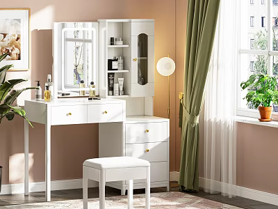 Modern White Dressing Table with Mirror Drawers and Stool in Bright Room with Green Curtains 3d model