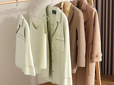 Stylish Casual Clothes Hanging on Rack with Light Green Beige Brown Coats Blouses 3d model
