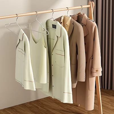 Stylish Casual Clothes Hanging on Rack with Light Green Beige Brown Coats Blouses 3d model