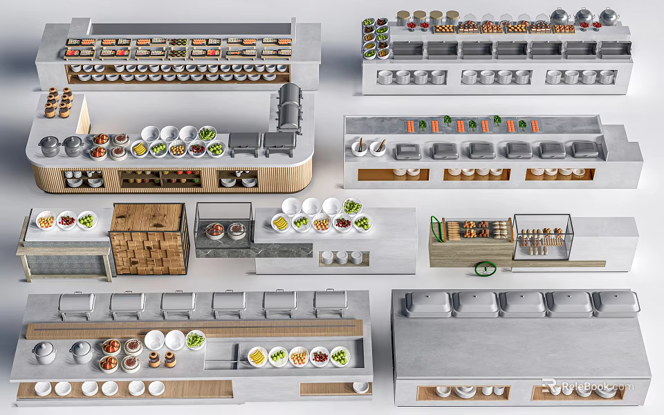 Restaurant Buffet Interior With Assorted Dishes And Tableware On Counters 3d model