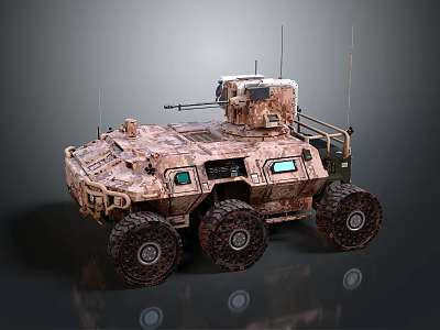 Military Armored Vehicle With Camouflage Paint Multiple Wheels Top Mounted Weapon Antennas And Observation Windows 3d model