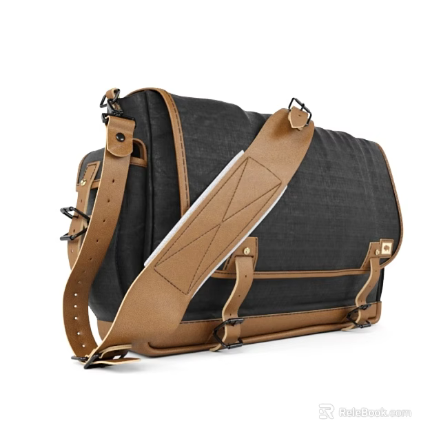 Black And Brown Canvas Leather Messenger Bag With Leather Strap Stitching And Metal Buckles 3d model 