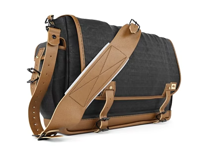 Black And Brown Canvas Leather Messenger Bag With Leather Strap Stitching And Metal Buckles 3d model