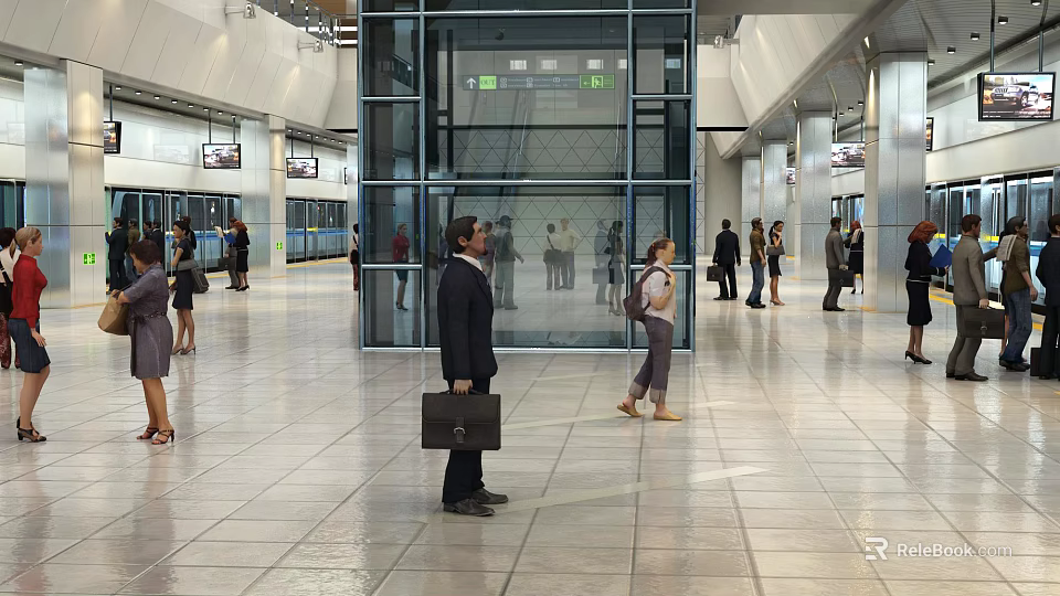 Modern Station Open Space Design With Glass Facade Pedestrians And Marble Floor 3d model 