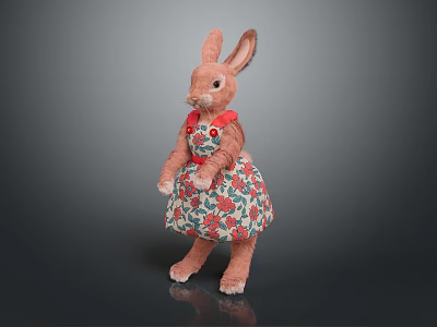 Adorable Rabbit Stuffed Toy Wearing Floral Dress With Red Collar 3d model