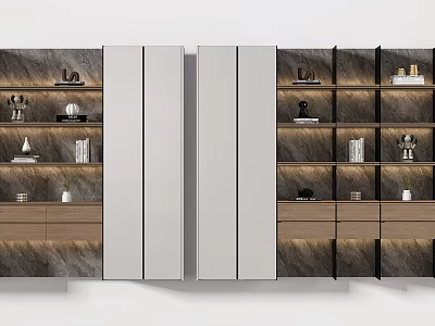 Modern Bookcase Design With Glass Doors Wooden Shelves Built-in Lighting And Decorative Items 3d model