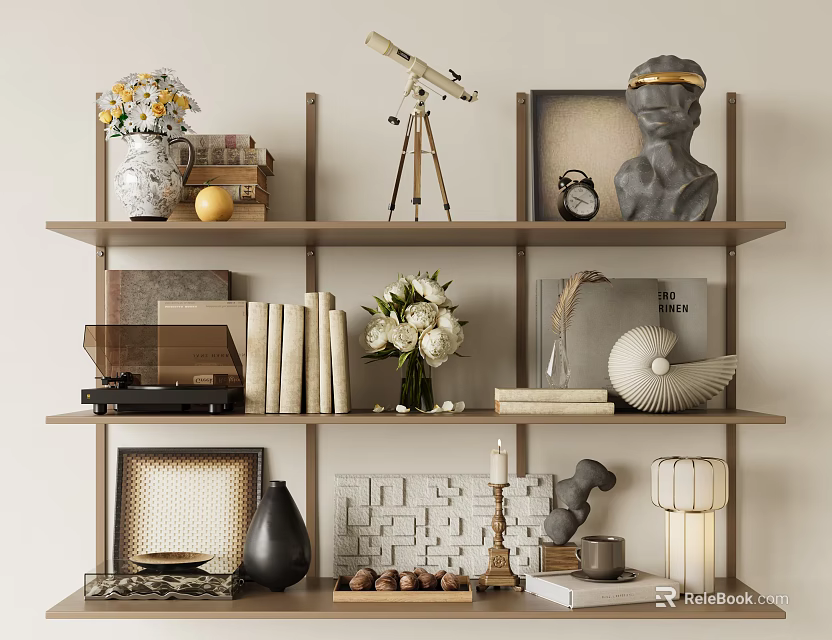 Interior Decorative Ornament Combination with Sculpture Telescope Vase Books and Shelf Decor 3d model 