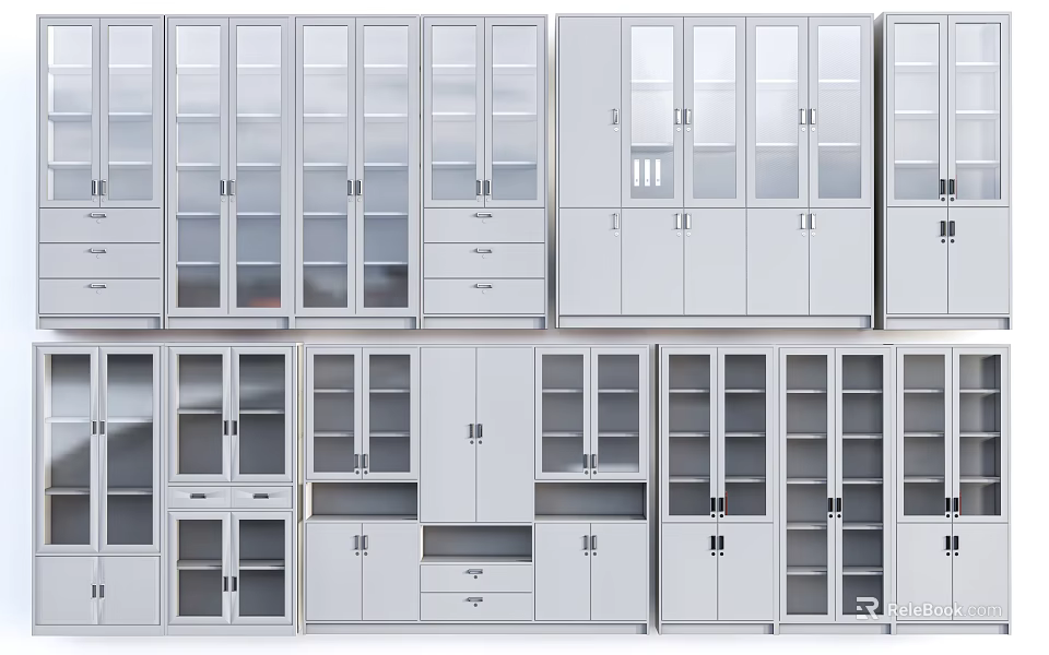 Modern White Bookcases With Glass Doors Drawers And Various Storage Designs 3d model