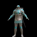 Man Dressed In Medieval Turquoise And Silver Armor With Intricate Designs