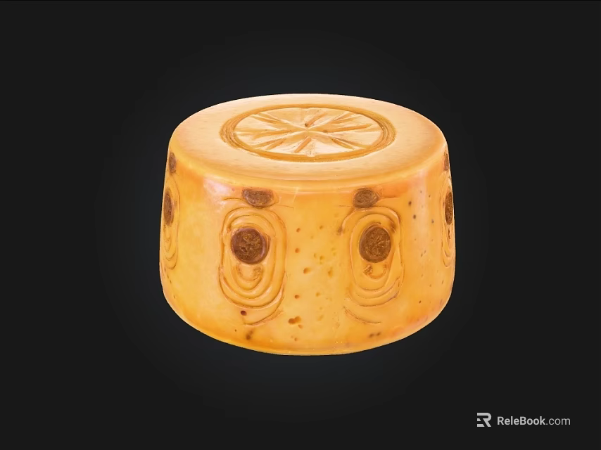 Artisanal Yellow Round Food With Carved Floral Patterns And Textured Surface 3d model 