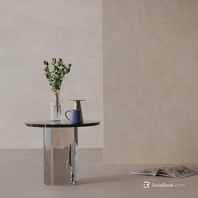 Elegant Round Side Table With Marble Top Metal Base Green Plant Vase And Blue Mug 3d model 