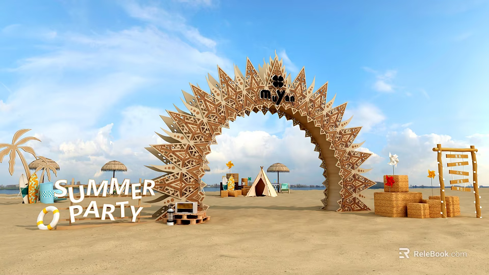 Summer Party Event Entrance Arch With Decorative Wooden Spikes Tents And Umbrellas On Beach 3d model 