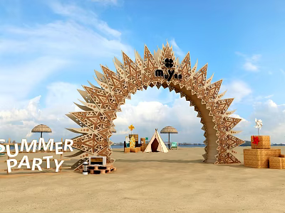 Summer Party Event Entrance Arch With Decorative Wooden Spikes Tents And Umbrellas On Beach 3d model