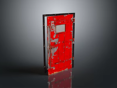 Red Distressed Door With Peeling Paint And Metal Grid Panel Detail 3d model