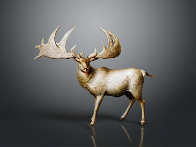 Shiny Elk Sculpture Featuring Large Antlers And Golden Body On Gray Reflective Background 3d model