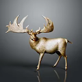 Shiny Elk Sculpture Featuring Large Antlers And Golden Body On Gray Reflective Background