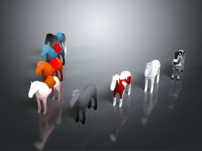 Colorful Toy Horse Figurines in Various Colors Standing on Gray Background with Reflections 3d model